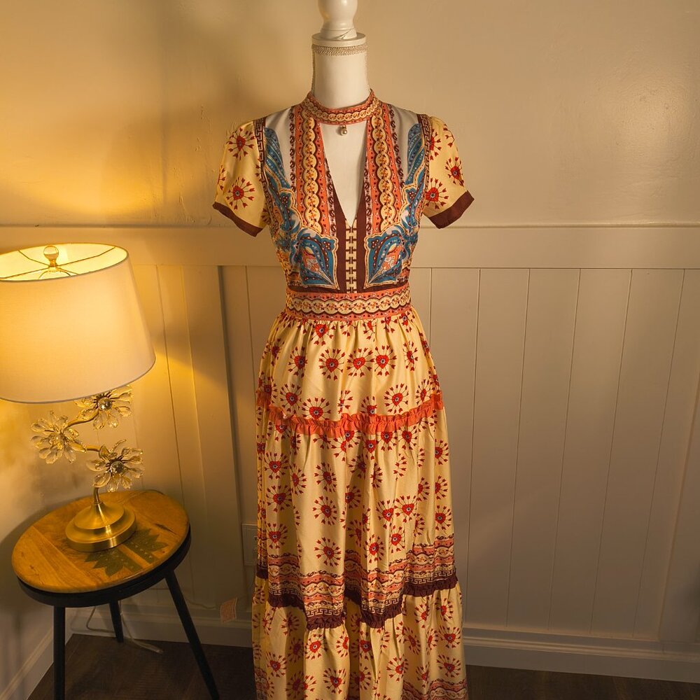 Bohemian, Indian-inspired dress in a flowy rayon fabric with a soft satin sheen